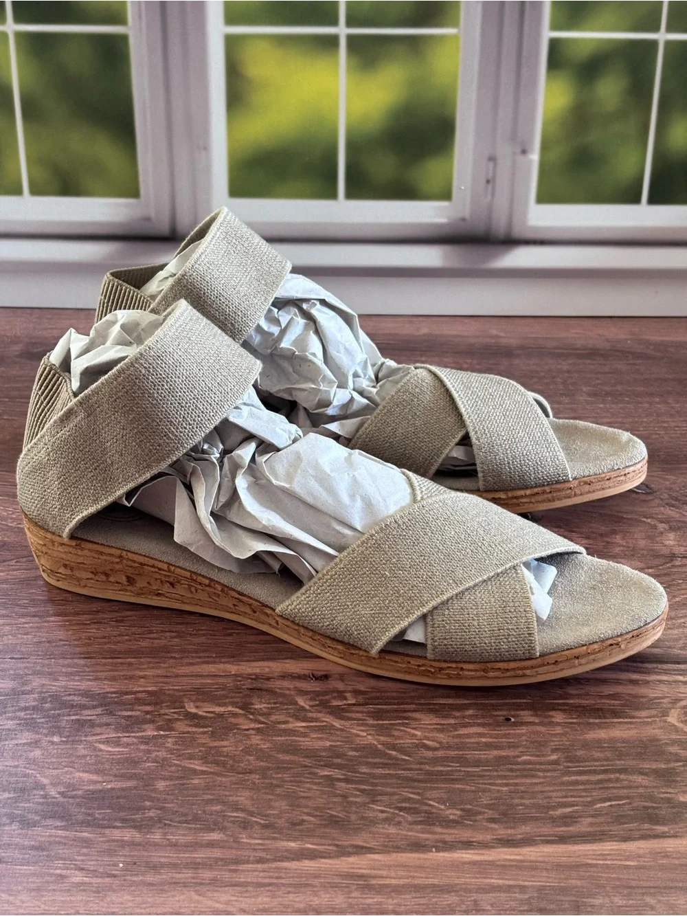 Charleston Shoe Co. Peachtree Core Linen Neutral Mini Wedge Stretch Sandal 10